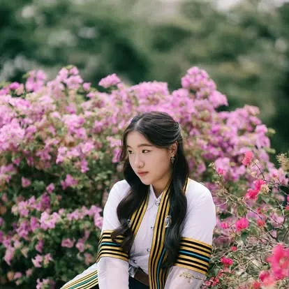 บัณฑิตสวมสายสะพายท่ามกลางดอกเฟื่องฟ้า