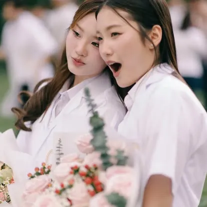 เพื่อนบัณฑิตกอดกันพร้อมช่อดอกไม้
